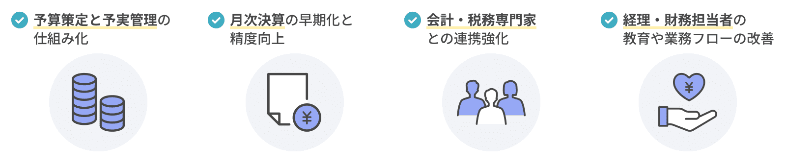 予算策定と予実管理の仕組み化 月次決算の早期化と精度向上 会計・税務の外部専門家（税理士・会計士）との連携強化 経理・財務担当者の教育や業務フローの改善