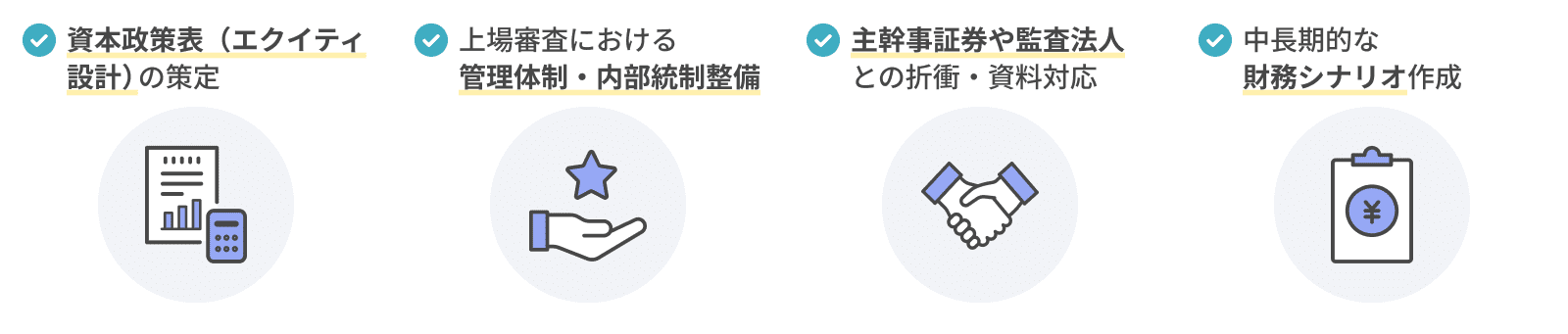 資本政策表（エクイティ設計）の策定上場審査で問われる管理体制や内部統制の整備主幹事証券や監査法人との折衝・資料対応中長期的な財務シナリオ作成