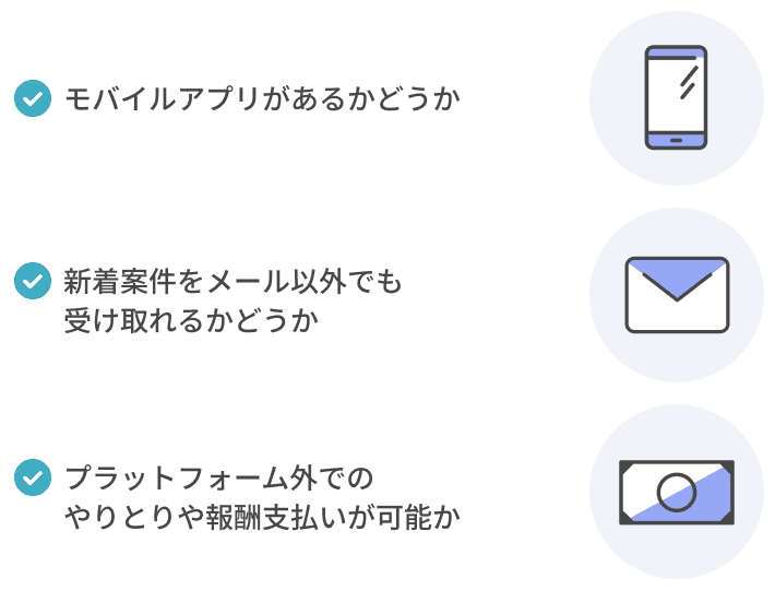 モバイルアプリがあるかどうか新着案件をメール以外でも受け取れるかどうかプラットフォーム外でのコミュニケーションや報酬支払いが可能か